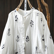 Buddha Stones Floral Embroidery Buttons Down Long Sleeve Women's Cotton Shirt - image 2