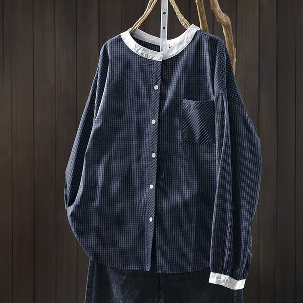 Buddha Stones Plaid Contrasting Buttons Down Long Sleeve Women's Cotton Shirt - SteelBlue - US4-6，UK/AU8-10，EU36-38 (F) - image 0