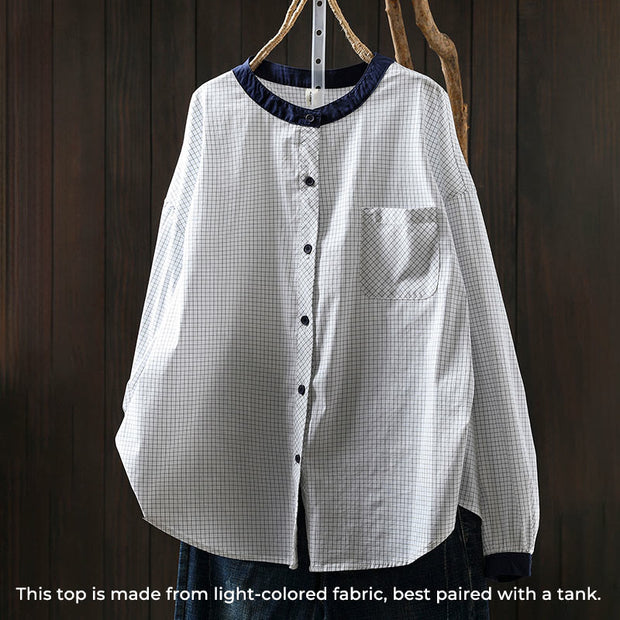Buddha Stones Plaid Contrasting Buttons Down Long Sleeve Women's Cotton Shirt - White - US4-6，UK/AU8-10，EU36-38 (F) - image 3