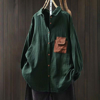 Buddha Stones Fall Contrasting Pocket Buttons Down Long Sleeve Women's Cotton Shirt - MediumSeaGreen - US4-8/10，UK/AU8-12/14，EU36-40/42 (F) - image 0