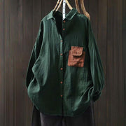 Buddha Stones Fall Contrasting Pocket Buttons Down Long Sleeve Women's Cotton Shirt - MediumSeaGreen - US4-8/10，UK/AU8-12/14，EU36-40/42 (F) - image 0