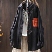 Buddha Stones Fall Contrasting Pocket Buttons Down Long Sleeve Women's Cotton Shirt - Black - US4-8/10，UK/AU8-12/14，EU36-40/42 (F) - image 18