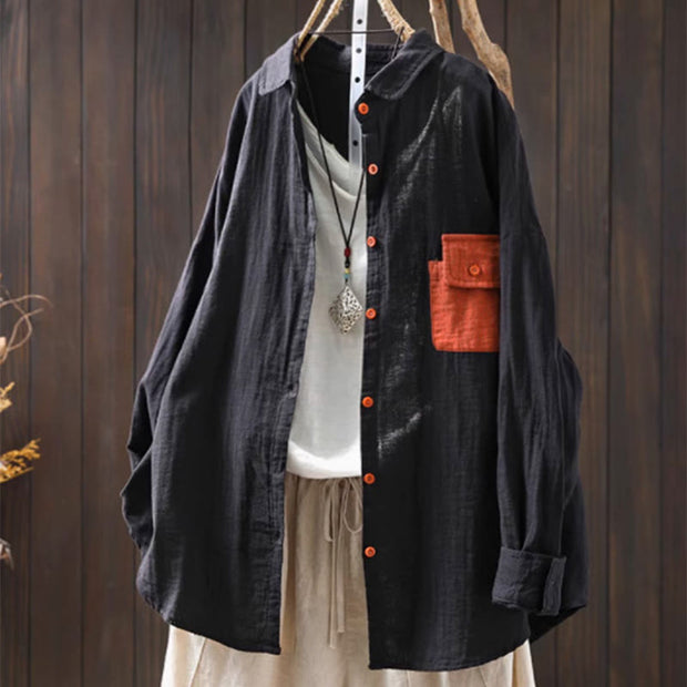 Buddha Stones Fall Contrasting Pocket Buttons Down Long Sleeve Women's Cotton Shirt - Black - US4-8/10，UK/AU8-12/14，EU36-40/42 (F) - image 18