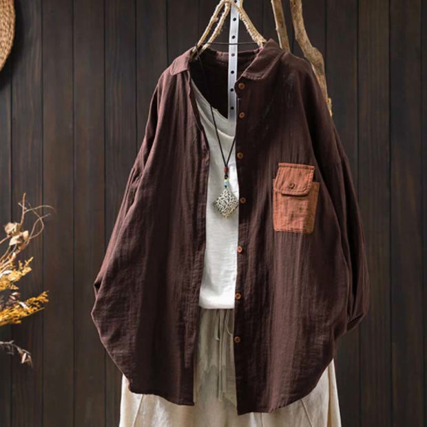 Buddha Stones Fall Contrasting Pocket Buttons Down Long Sleeve Women's Cotton Shirt - SaddleBrown - US4-8/10，UK/AU8-12/14，EU36-40/42 (F) - image 20