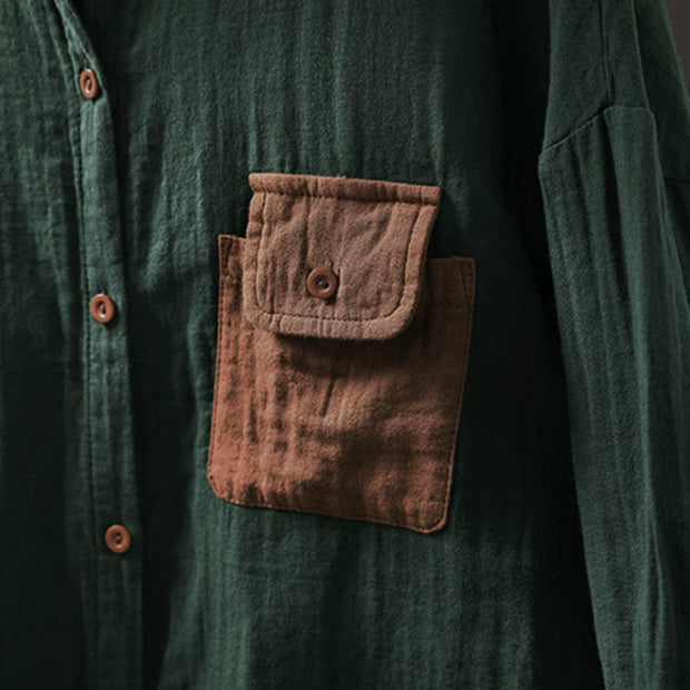 Buddha Stones Fall Contrasting Pocket Buttons Down Long Sleeve Women's Cotton Shirt - image 6