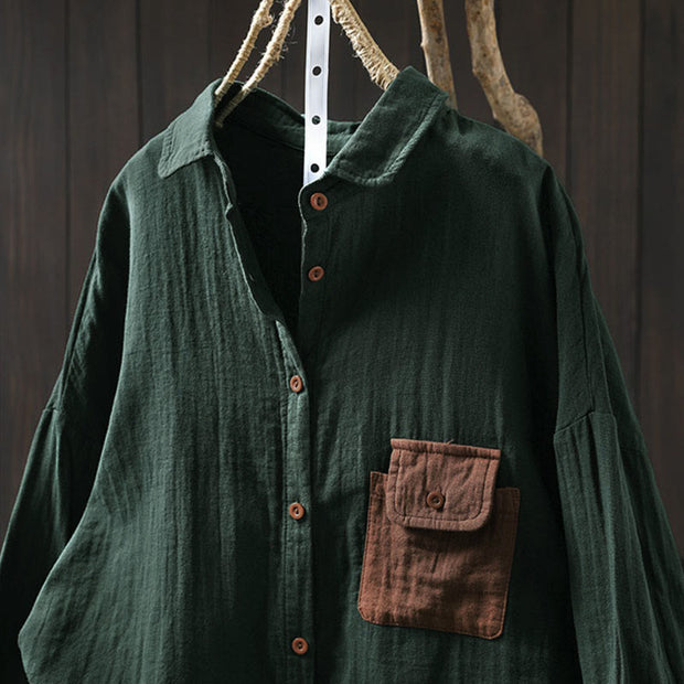 Buddha Stones Fall Contrasting Pocket Buttons Down Long Sleeve Women's Cotton Shirt - image 2