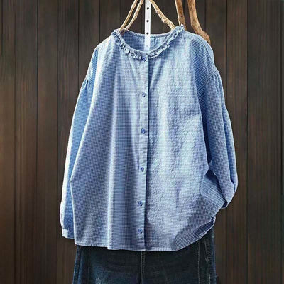 Buddha Stones Spring Small Plaid Buttons Down Long Sleeve Women's Cotton Shirt - LightSkyBlue - US4，UK/AU8，EU36 (L) - image 0