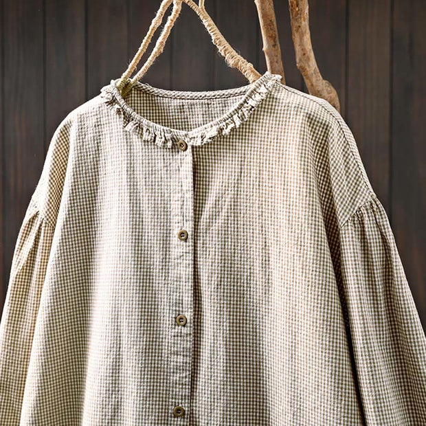 Buddha Stones Spring Small Plaid Buttons Down Long Sleeve Women's Cotton Shirt - image 14