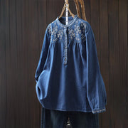 Buddha Stones Geometry Floral Embroidery Cotton Denim Half Buttons Long Sleeve Women's Shirt - RoyalBlue - US4-6，UK/AU8-10，EU36-38 (F) - image 17