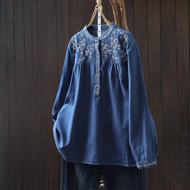 Buddha Stones Geometry Floral Embroidery Cotton Denim Half Buttons Long Sleeve Women's Shirt - RoyalBlue - US4-6，UK/AU8-10，EU36-38 (F) - image 17