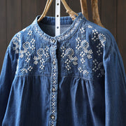Buddha Stones Geometry Floral Embroidery Cotton Denim Half Buttons Long Sleeve Women's Shirt - image 18