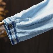 Buddha Stones Geometry Floral Embroidery Cotton Denim Half Buttons Long Sleeve Women's Shirt - image 10