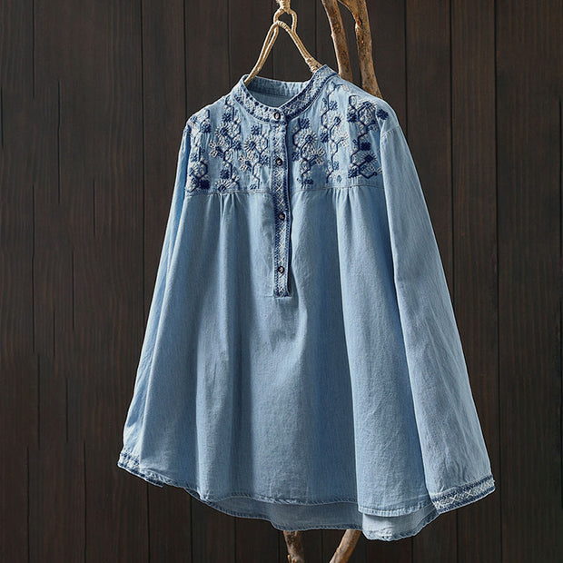 Buddha Stones Geometry Floral Embroidery Cotton Denim Half Buttons Long Sleeve Women's Shirt - image 2