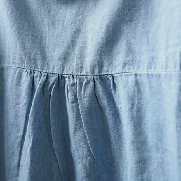 Buddha Stones Geometry Floral Embroidery Cotton Denim Half Buttons Long Sleeve Women's Shirt - image 7