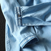 Buddha Stones Geometry Floral Embroidery Cotton Denim Half Buttons Long Sleeve Women's Shirt - image 11