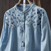 Buddha Stones Geometry Floral Embroidery Cotton Denim Half Buttons Long Sleeve Women's Shirt - image 3