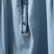 Buddha Stones Geometry Floral Embroidery Cotton Denim Half Buttons Long Sleeve Women's Shirt - image 6