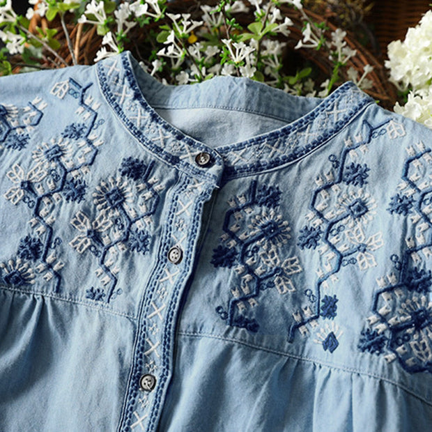 Buddha Stones Geometry Floral Embroidery Cotton Denim Half Buttons Long Sleeve Women's Shirt - image 8