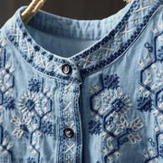 Buddha Stones Geometry Floral Embroidery Cotton Denim Half Buttons Long Sleeve Women's Shirt - image 5