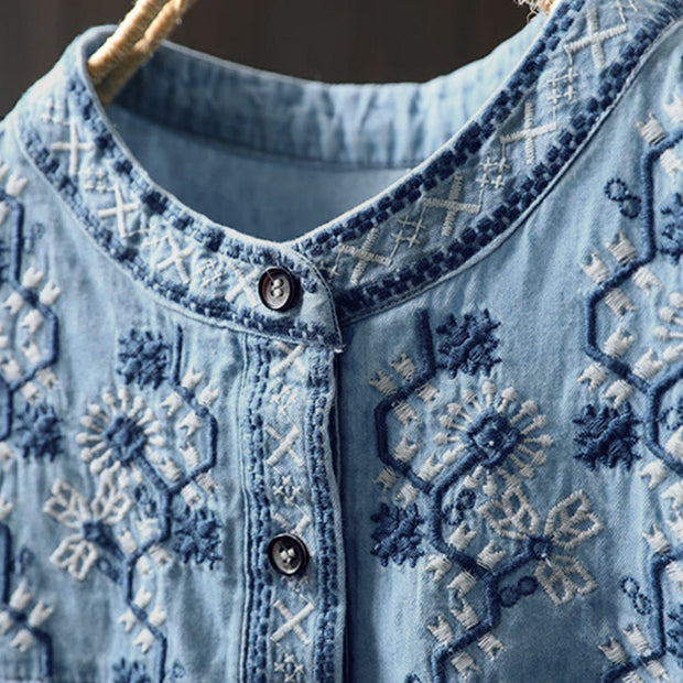 Buddha Stones Geometry Floral Embroidery Cotton Denim Half Buttons Long Sleeve Women's Shirt - image 5