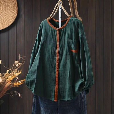 Buddha Stones Spring Contrasting Buttons Down Long Sleeve Women's Cotton Shirt - SeaGreen - US4-6，UK/AU8-10，EU36-38 (F) - image 0