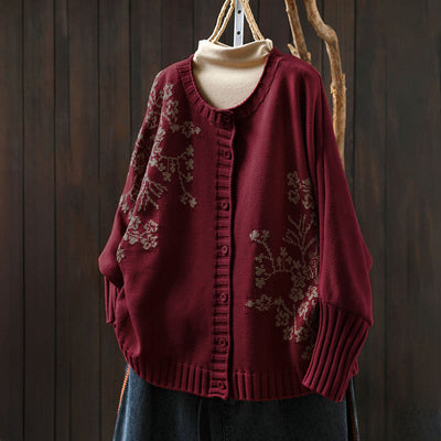 Buddha Stones Floral Buttons Cotton Women's Long Batwing Sleeve Knitted Cardigan - FireBrick - US4-6，UK/AU8-10，EU36-38 (F) - image 0