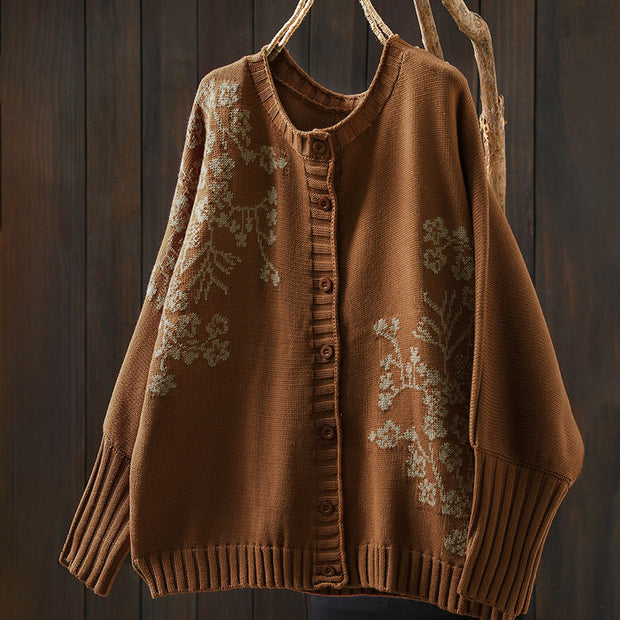 Buddha Stones Floral Buttons Cotton Women's Long Batwing Sleeve Knitted Cardigan - image 4