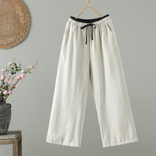 Buddha Stones Winter Contrasting Drawstring Cotton Linen Women's Wide Leg Pants With Pockets - Linen - US8-10，UK/AU12-14，EU40-42 (2XL) - image 6