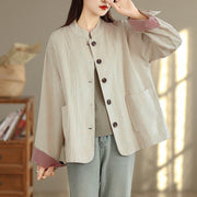 Buddha Stones Buttons Design Corduroy Long Sleeve Women's Jacket With Pockets - Beige - US8-10，UK/AU12-14，EU40-42 (2XL) - image 0