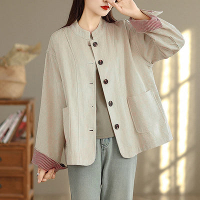 Buddha Stones Buttons Design Corduroy Long Sleeve Women's Jacket With Pockets - Beige - US8-10，UK/AU12-14，EU40-42 (2XL) - image 0