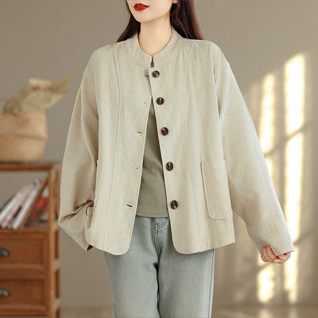 Buddha Stones Buttons Design Corduroy Long Sleeve Women's Jacket With Pockets - image 1