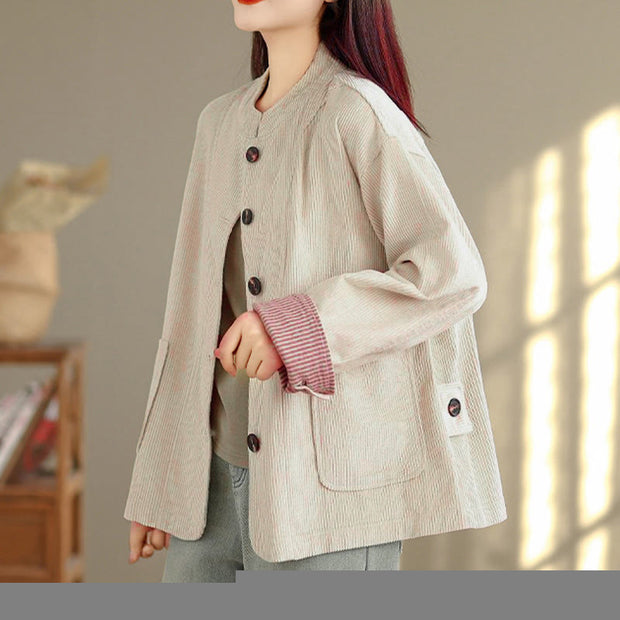 Buddha Stones Buttons Design Corduroy Long Sleeve Women's Jacket With Pockets - image 4