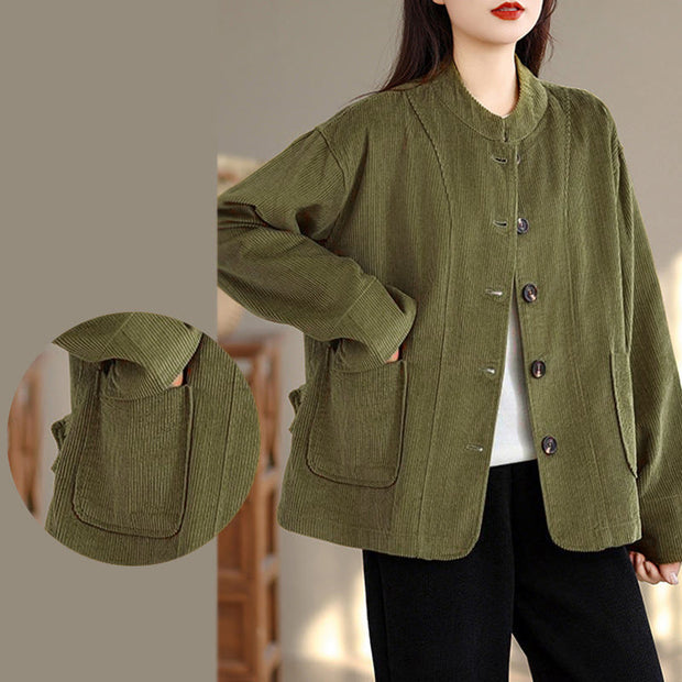 Buddha Stones Buttons Design Corduroy Long Sleeve Women's Jacket With Pockets - image 13