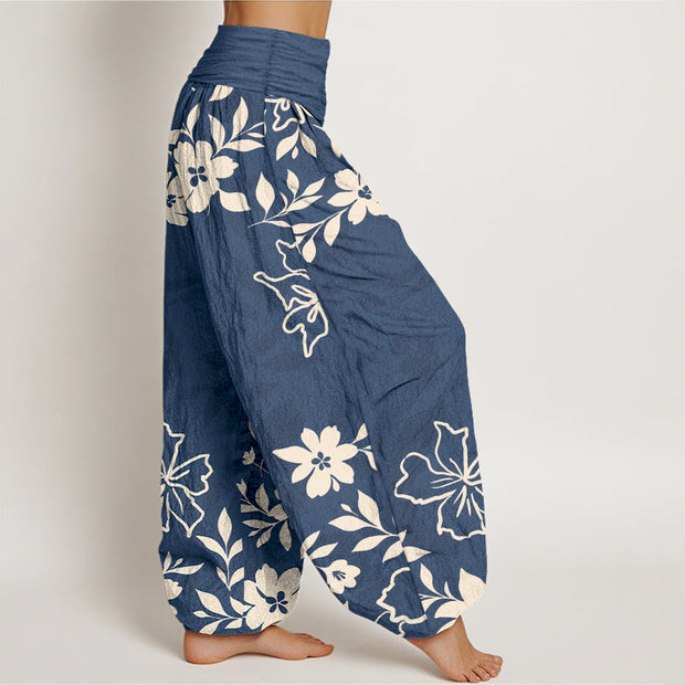 Buddha Stones Cotton Retro Simple Flowers Leaves Pattern Women's Elastic Waist Harem Pants - image 2