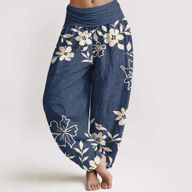 Buddha Stones Cotton Retro Simple Flowers Leaves Pattern Women's Elastic Waist Harem Pants - SteelBlue - US16，UK/AU20，EU48 (3XL) - image 0