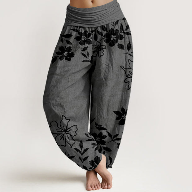 Buddha Stones Cotton Retro Simple Flowers Leaves Pattern Women's Elastic Waist Harem Pants - DimGray - US16，UK/AU20，EU48 (3XL) - image 5