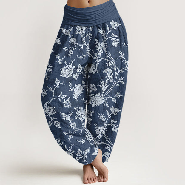 Buddha Stones Cotton Full Coverage Flowers Pattern Women's Elastic Waist Harem Pants - SteelBlue - US16，UK/AU20，EU48 (3XL) - image 0