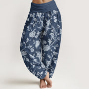 Buddha Stones Cotton Full Coverage Flowers Pattern Women's Elastic Waist Harem Pants - SteelBlue - US16，UK/AU20，EU48 (3XL) - image 0