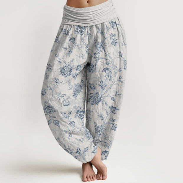 Buddha Stones Cotton Full Coverage Flowers Pattern Women's Elastic Waist Harem Pants - Gainsboro - US16，UK/AU20，EU48 (3XL) - image 8