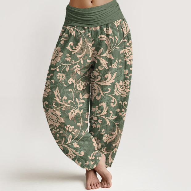 Buddha Stones Cotton Understated Luxury Flower Vine Pattern Women's Elastic Waist Harem Pants - SeaGreen - US16，UK/AU20，EU48 (3XL) - image 0
