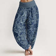 Buddha Stones Cotton Understated Luxury Flower Vine Pattern Women's Elastic Waist Harem Pants - SteelBlue - US16，UK/AU20，EU48 (3XL) - image 8
