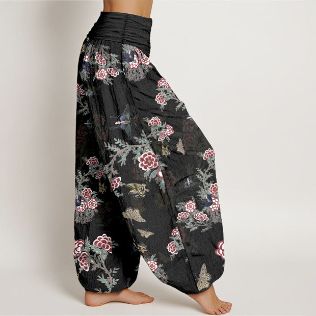 Buddha Stones Cotton Flowers Leaves Butterfly Pattern Women's Elastic Waist Harem Pants - image 2
