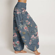 Buddha Stones Cotton Flowers Leaves Butterfly Pattern Women's Elastic Waist Harem Pants - image 10