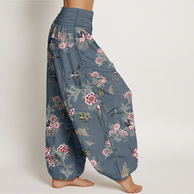 Buddha Stones Cotton Flowers Leaves Butterfly Pattern Women's Elastic Waist Harem Pants - image 10