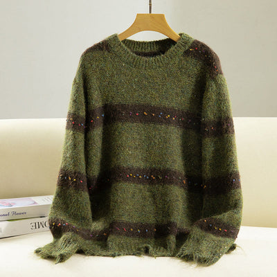 Buddha Stones Winter Stripes Pattern Crew Neck Long Sleeve Women's Cotton Sweater - OliveDrab - US4，UK/AU8，EU36 (F) - image 0