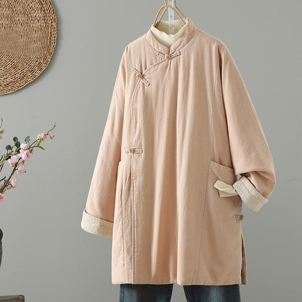 Buddha Stones Winter Frog-button Mid-length Women's Cotton Coat With Pockets - LightPink - US14，UK/AU18，EU46 (2XL) - image 13