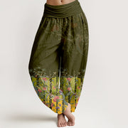 Buddha Stones Cotton Gorgeous Peacock Flower Pattern Women's Elastic Waist Harem Pants - Olive - US16，UK/AU20，EU48 (3XL) - image 8