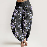 Buddha Stones Cotton Star Shaped Trumpet Shaped Flowers Pattern Women's Elastic Waist Harem Pants - Black - US16，UK/AU20，EU48 (3XL) - image 0