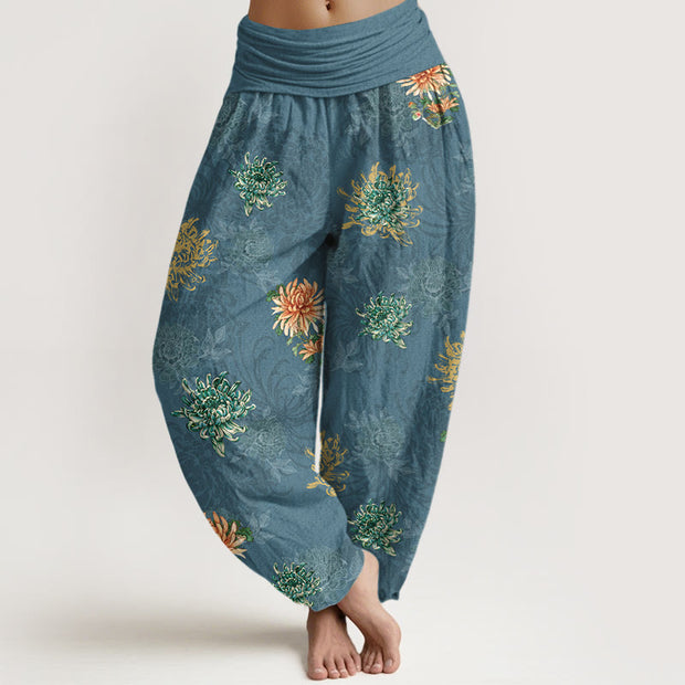 Buddha Stones Cotton Various Colors Chrysanthemum Pattern Women's Elastic Waist Harem Pants - CadetBlue - US16，UK/AU20，EU48 (3XL) - image 0