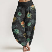 Buddha Stones Cotton Various Colors Chrysanthemum Pattern Women's Elastic Waist Harem Pants - Black - US16，UK/AU20，EU48 (3XL) - image 5